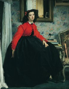 Portret van juffrouw L.L. (Jonge dame in een rood jasje) 1864